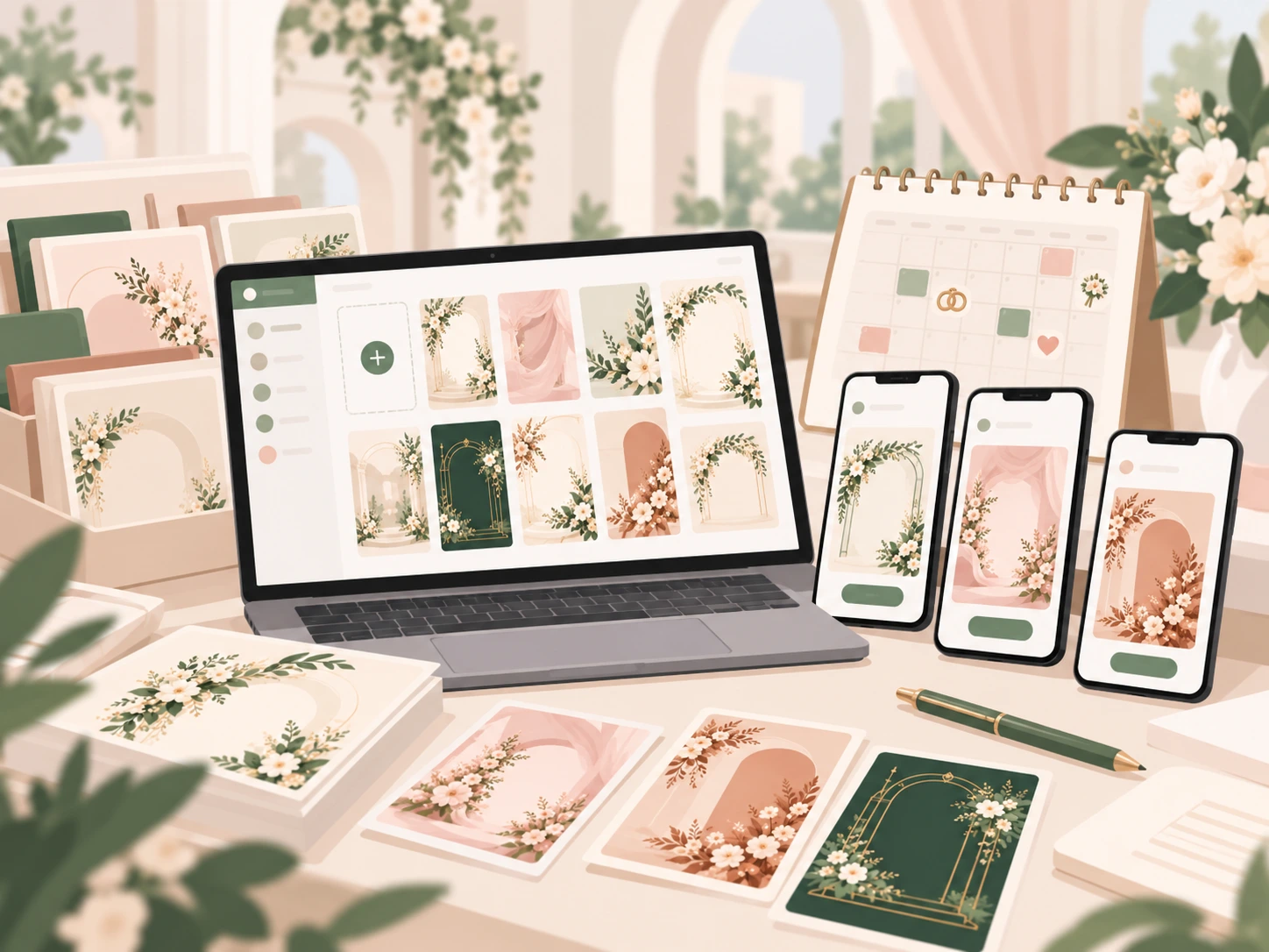 Meja kerja wedding organizer dengan laptop berisi banyak desain undangan klien, beberapa HP, dan kalender acara